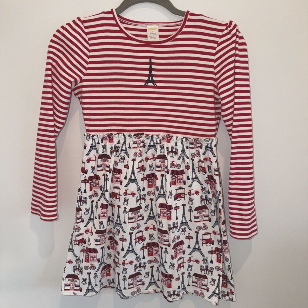 Gymboree Dress Girls Sz 12 Red Blue Fit & Flare Eiffel Tower Paris Frenchie